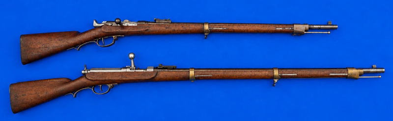 Vergleichende Darstellung von Chassepot mit Schaft nach preussichem Muster und Dreyse M/1862